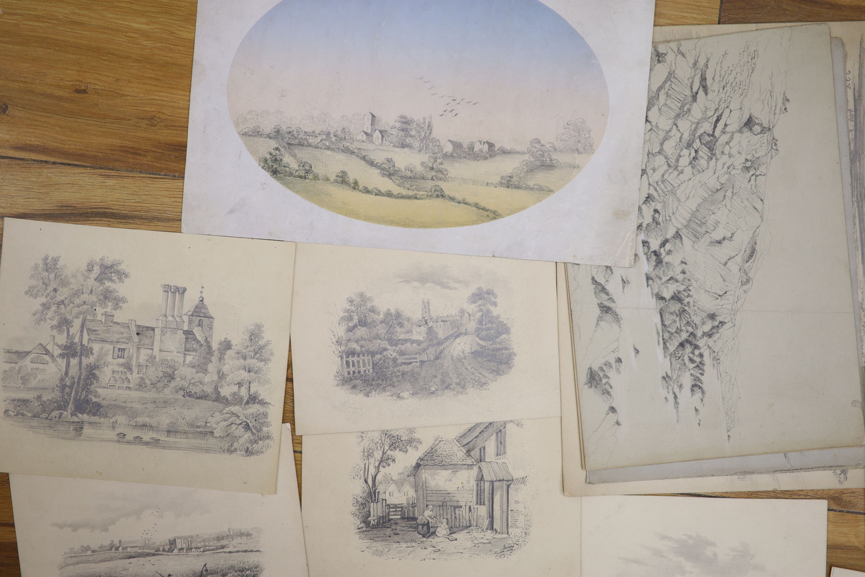 A group of assorted Victorian pencil topographical views, largest 28 x 20cm, unframed
